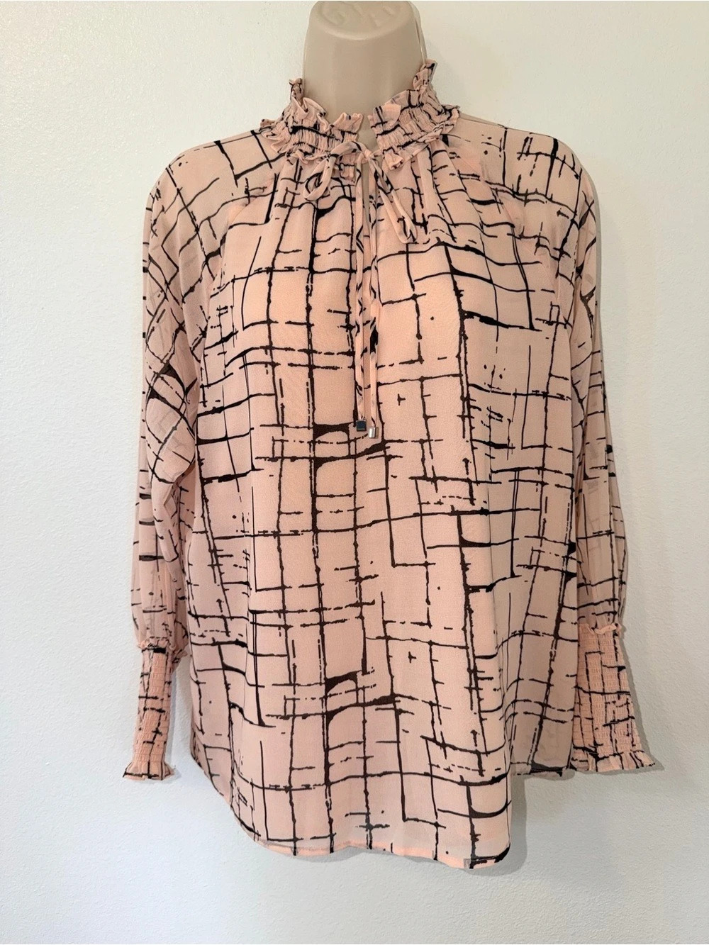 Calvin Klein Geometric Ruffled Neck Blouse in Pink & Black Size XS